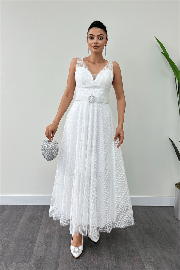 Simli Kumş Askılı Midi Elbise - BEYAZ