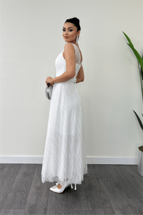 Simli Kumş Askılı Midi Elbise - BEYAZ