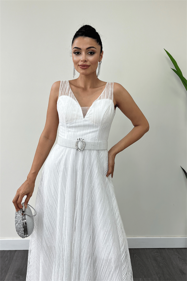 Simli Kumş Askılı Midi Elbise - BEYAZ