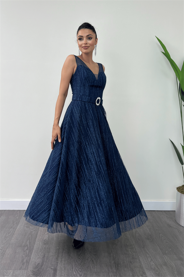 Simli Kumş Askılı Midi Elbise - LACİVERT