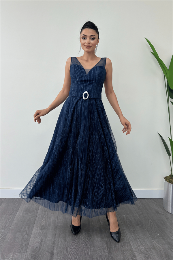 Simli Kumş Askılı Midi Elbise - LACİVERT