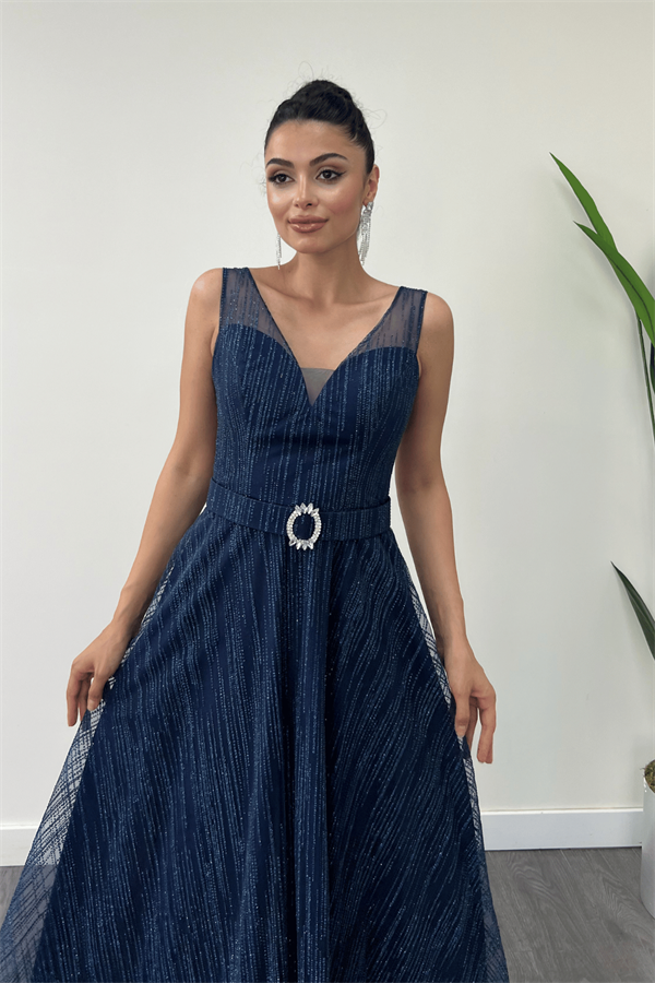 Simli Kumş Askılı Midi Elbise - LACİVERT