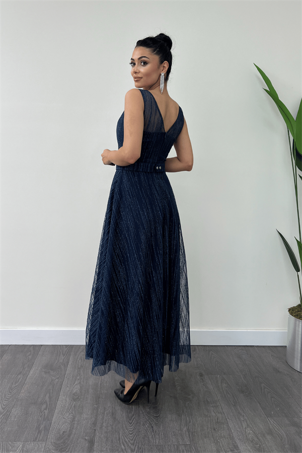 Simli Kumş Askılı Midi Elbise - LACİVERT