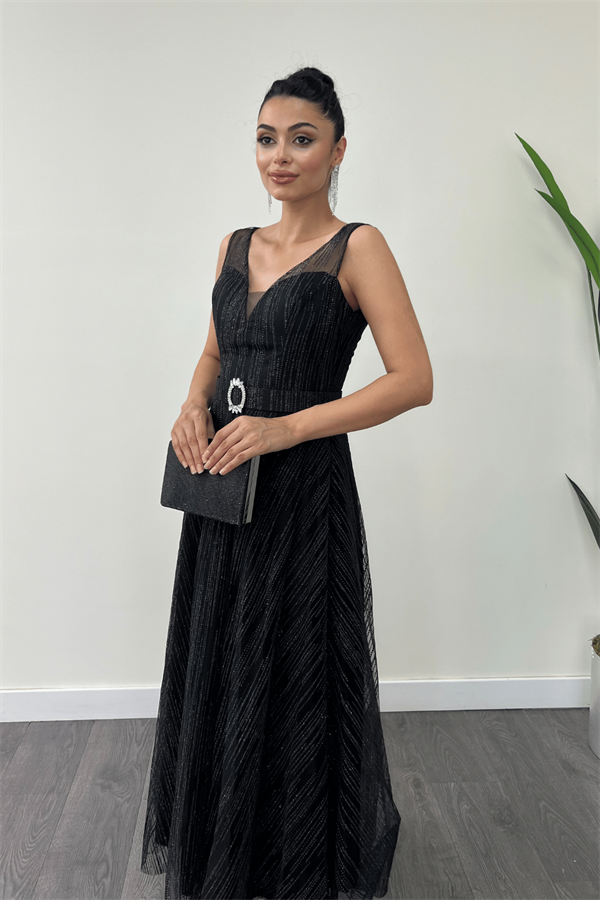 Simli Kumş Askılı Midi Elbise - SİYAH