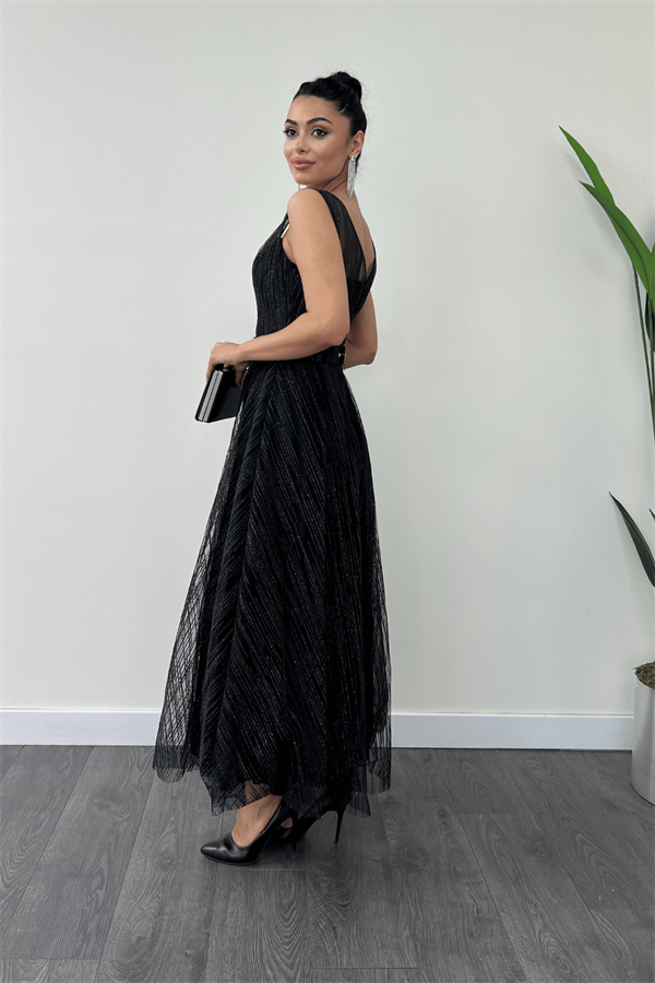 Simli Kumş Askılı Midi Elbise - SİYAH