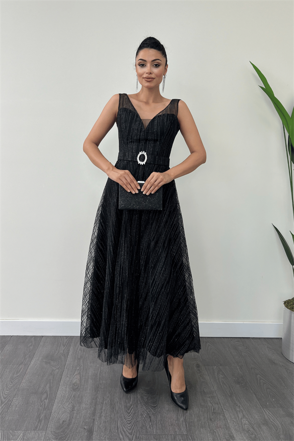 Simli Kumş Askılı Midi Elbise - SİYAH