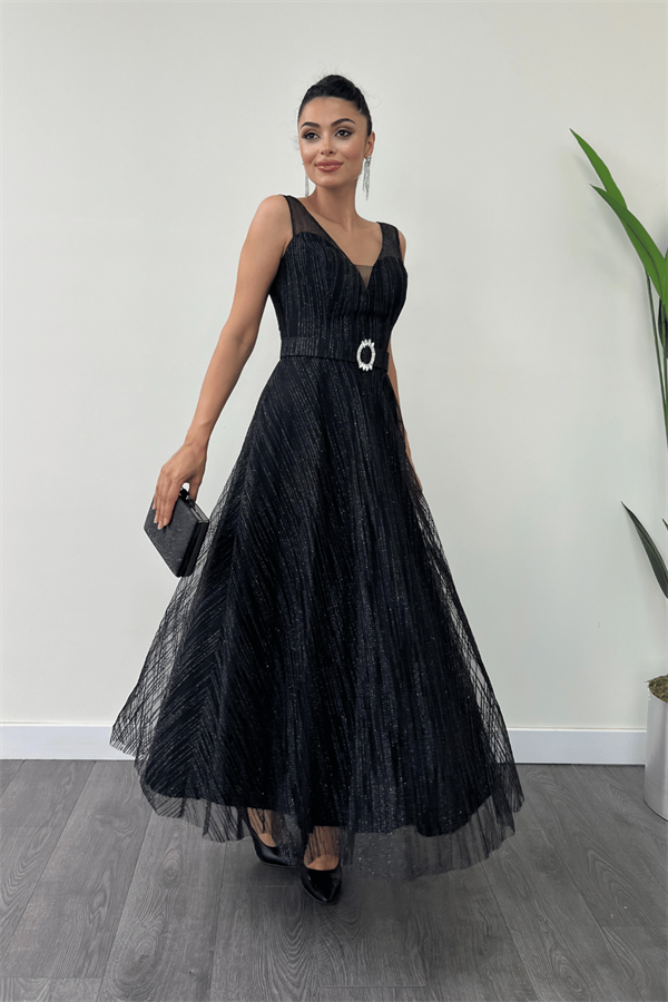 Simli Kumş Askılı Midi Elbise - SİYAH