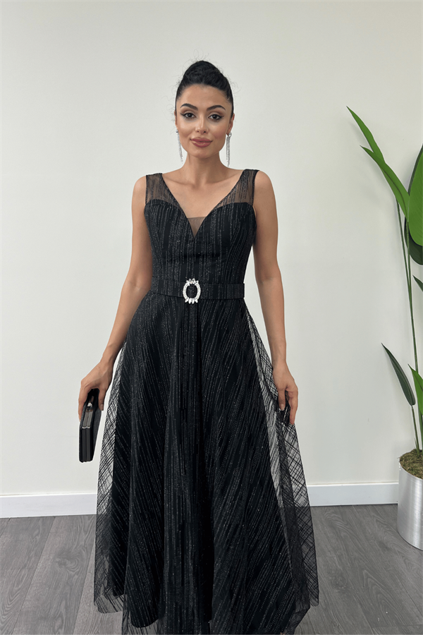 Simli Kumş Askılı Midi Elbise - SİYAH