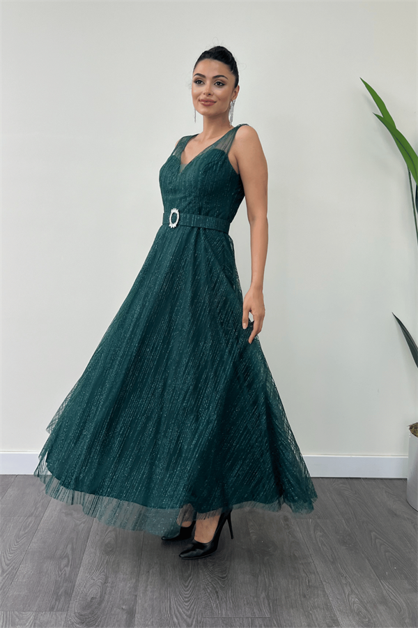 Simli Kumş Askılı Midi Elbise - ZÜMRÜT YEŞİL