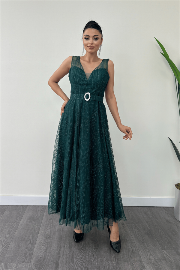 Simli Kumş Askılı Midi Elbise - ZÜMRÜT YEŞİL