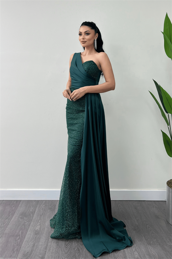 Simli Saten Kumaş Şal Detaylı Abiye Elbise - ZÜMRÜT YEŞİL