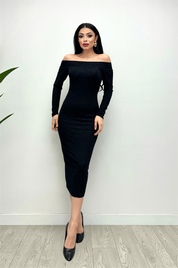 Simli Streç Kumaş Kayık Yaka Kalem Elbise - SİYAH