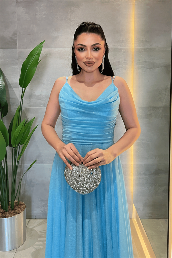 Simli Tül Kumaş Askılı Abiye Elbise - BEBE MAVİSİ