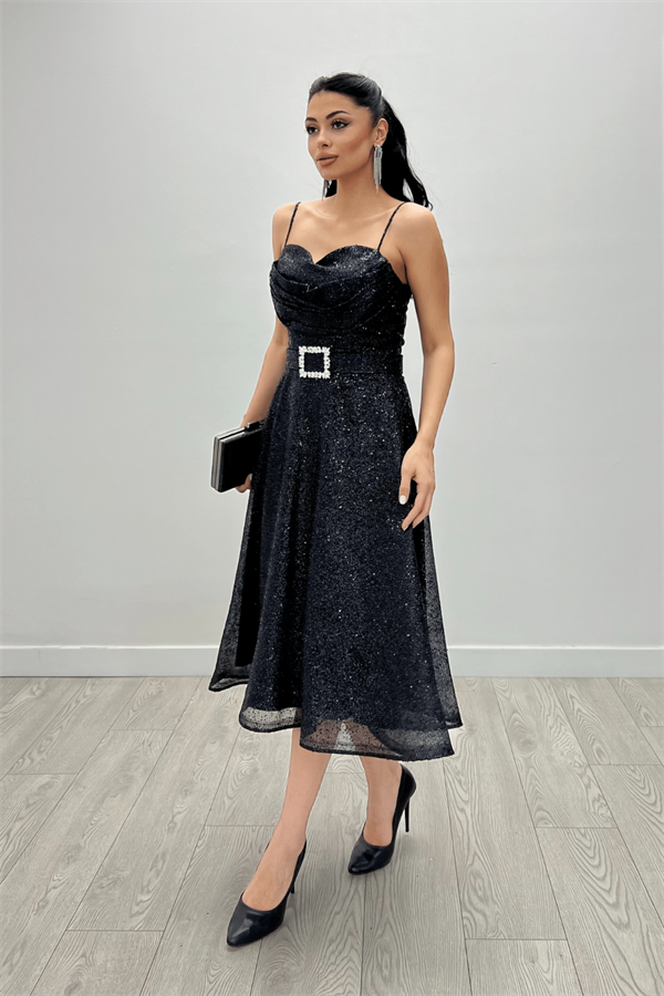 Simli Tül Kumaş Askılı Midi Elbise - SİYAH