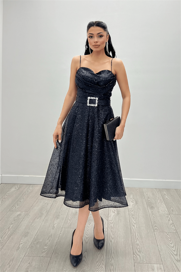 Simli Tül Kumaş Askılı Midi Elbise - SİYAH