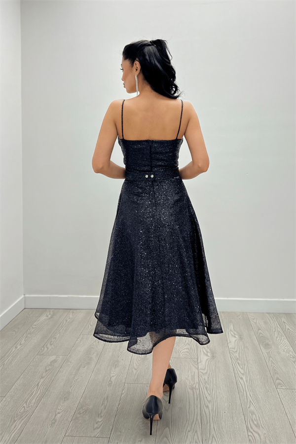 Simli Tül Kumaş Askılı Midi Elbise - SİYAH