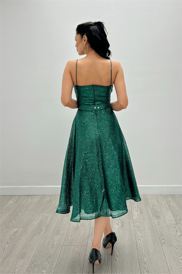 Simli Tül Kumaş Askılı Midi Elbise - ZÜMRÜT YEŞİL