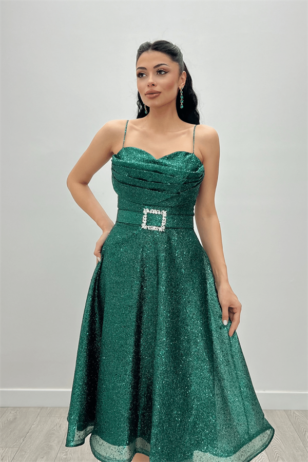 Simli Tül Kumaş Askılı Midi Elbise - ZÜMRÜT YEŞİL