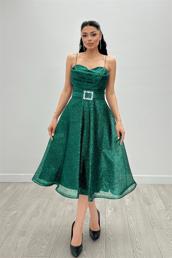 Simli Tül Kumaş Askılı Midi Elbise - ZÜMRÜT YEŞİL