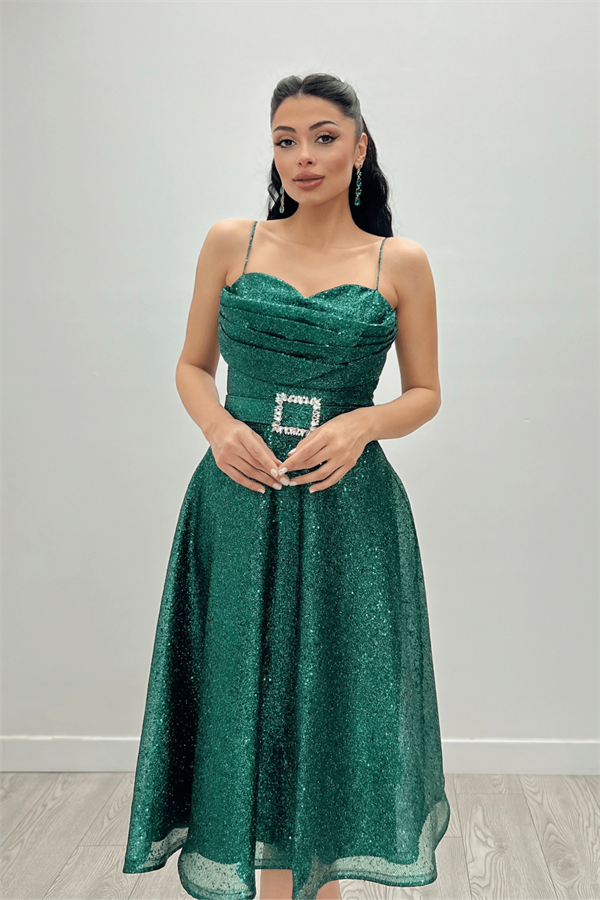 Simli Tül Kumaş Askılı Midi Elbise - ZÜMRÜT YEŞİL