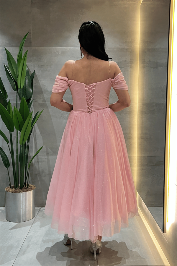 Simli Tül Kumaş Balen Detaylı Prenses Elbise - PEMBE