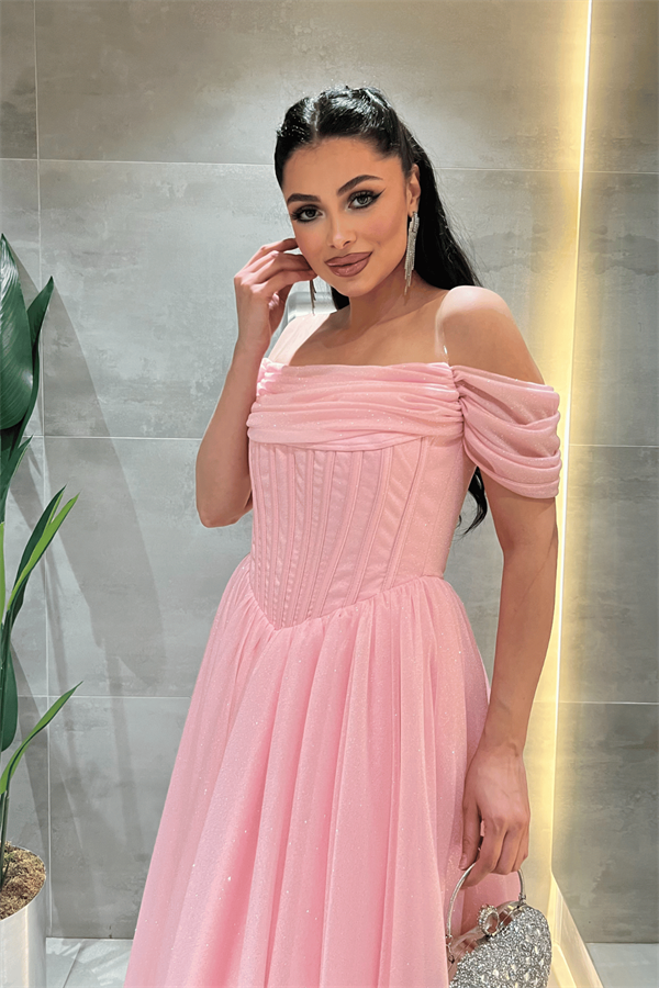 Simli Tül Kumaş Balen Detaylı Prenses Elbise - PEMBE