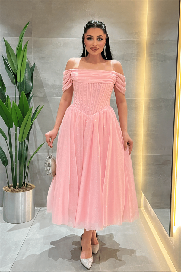Simli Tül Kumaş Balen Detaylı Prenses Elbise - PEMBE