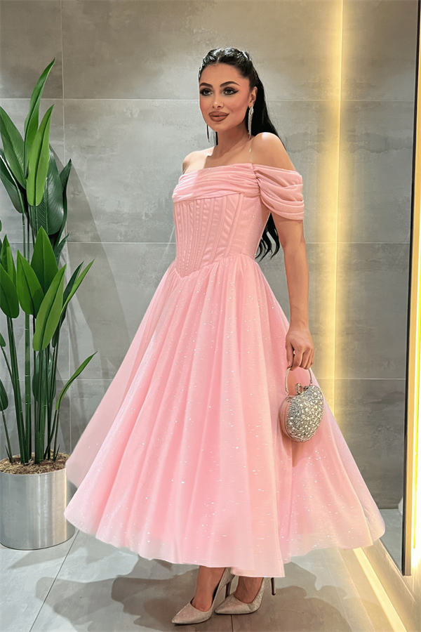 Simli Tül Kumaş Balen Detaylı Prenses Elbise - PEMBE