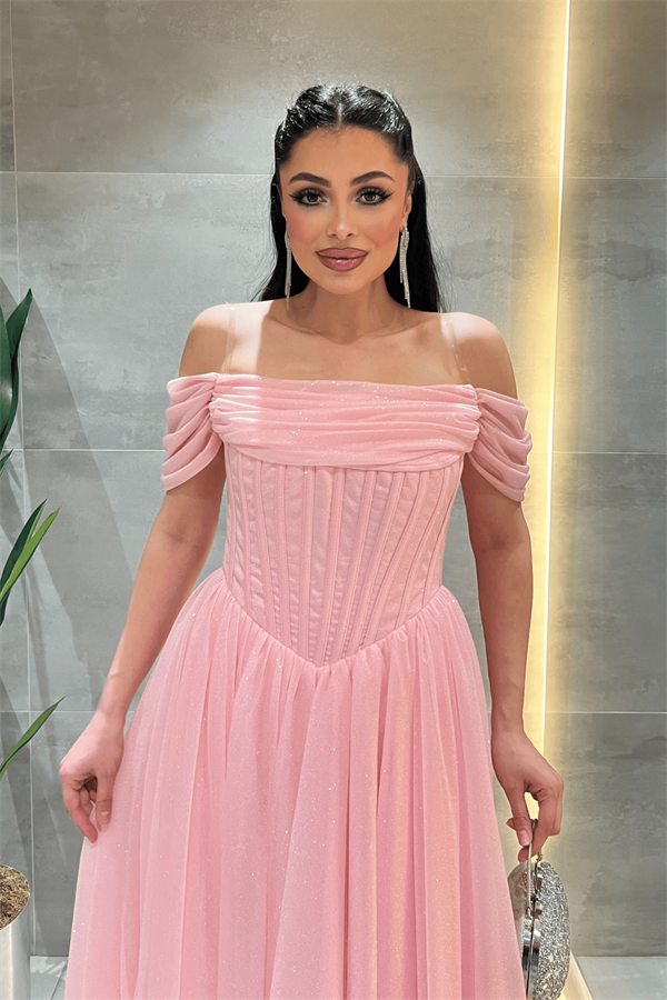Simli Tül Kumaş Balen Detaylı Prenses Elbise - PEMBE