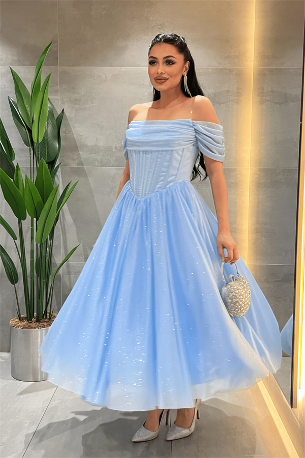 Simli Tül Kumaş Balen Detaylı Prenses Elbise - BEBE MAVİSİ