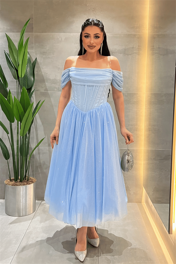 Simli Tül Kumaş Balen Detaylı Prenses Elbise - BEBE MAVİSİ