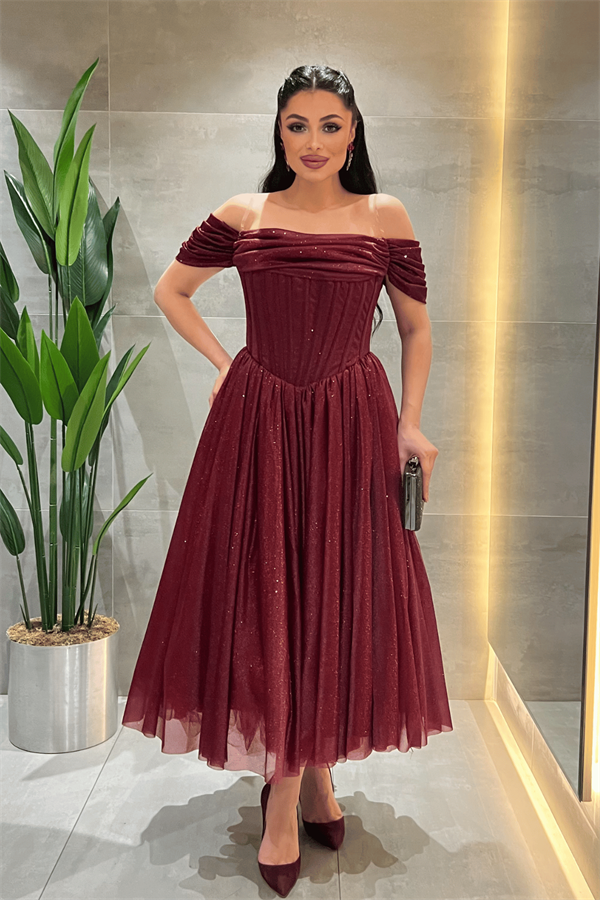 Simli Tül Kumaş Balen Detaylı Prenses Elbise - BORDO