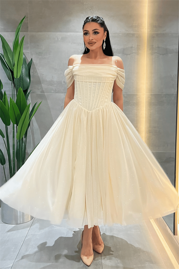 Simli Tül Kumaş Balen Detaylı Prenses Elbise - KREM