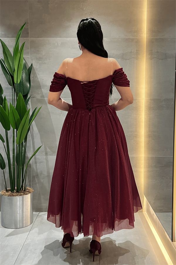 Simli Tül Kumaş Balen Detaylı Prenses Elbise - BORDO