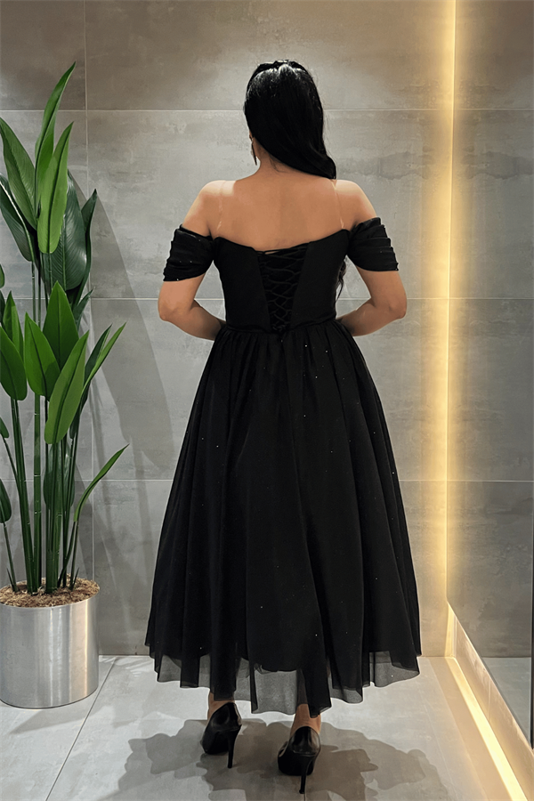 Simli Tül Kumaş Balen Detaylı Prenses Elbise - SİYAH