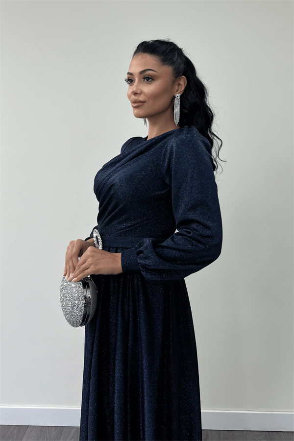 Simli Tül Kumaş Büzgü Detaylı Abiye Elbise - LACİVERT