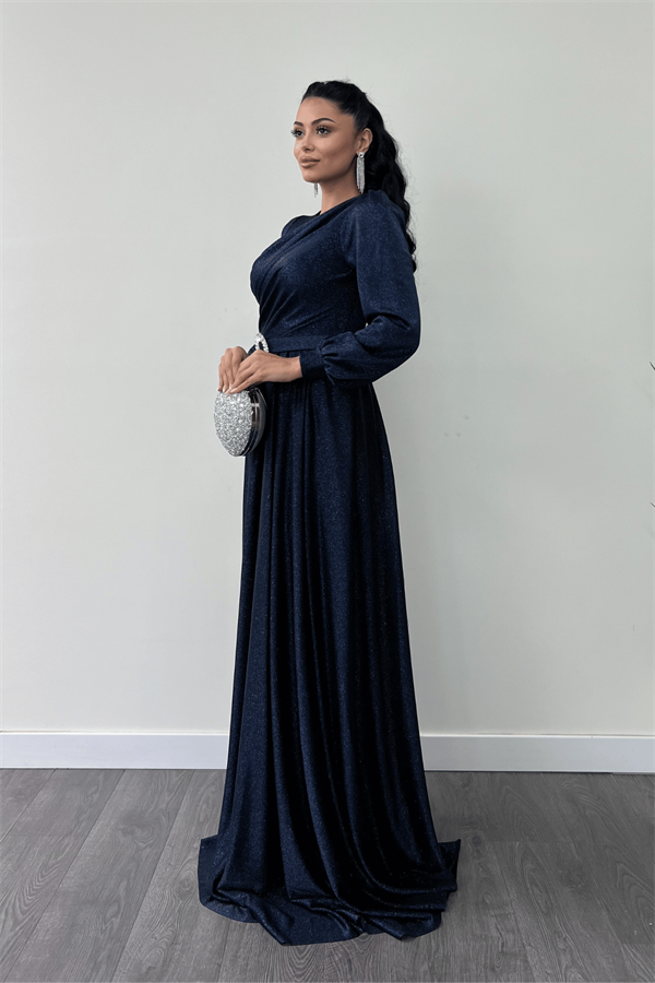 Simli Tül Kumaş Büzgü Detaylı Abiye Elbise - LACİVERT