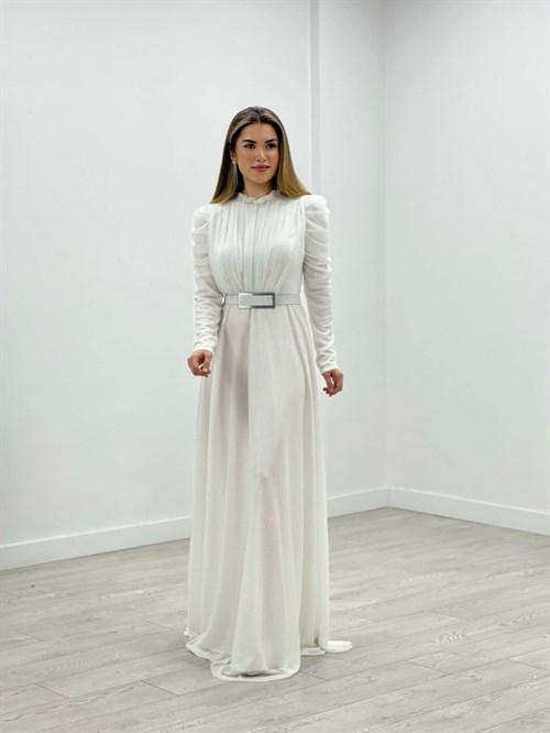 Simli Tül Kumaş Büzgü Detaylı Abiye Elbise - BEYAZ