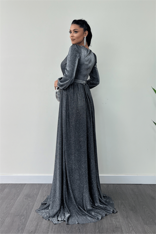 Simli Tül Kumaş Büzgü Detaylı Abiye Elbise - GÜMÜŞ