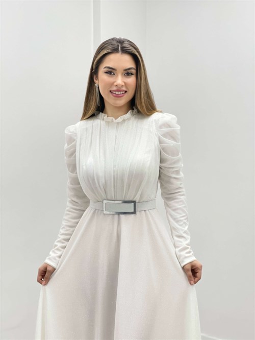 Simli Tül Kumaş Büzgü Detaylı Abiye Elbise - BEYAZ