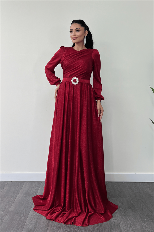 Simli Tül Kumaş Büzgü Detaylı Abiye Elbise - KIRMIZI