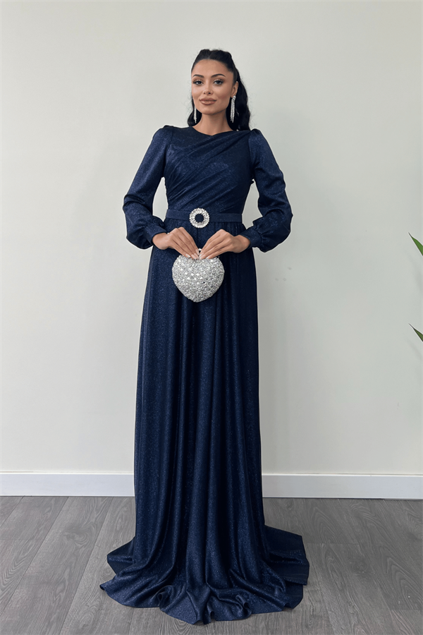 Simli Tül Kumaş Büzgü Detaylı Abiye Elbise - LACİVERT