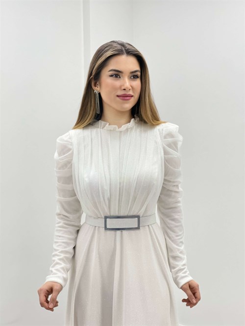 Simli Tül Kumaş Büzgü Detaylı Abiye Elbise - BEYAZ