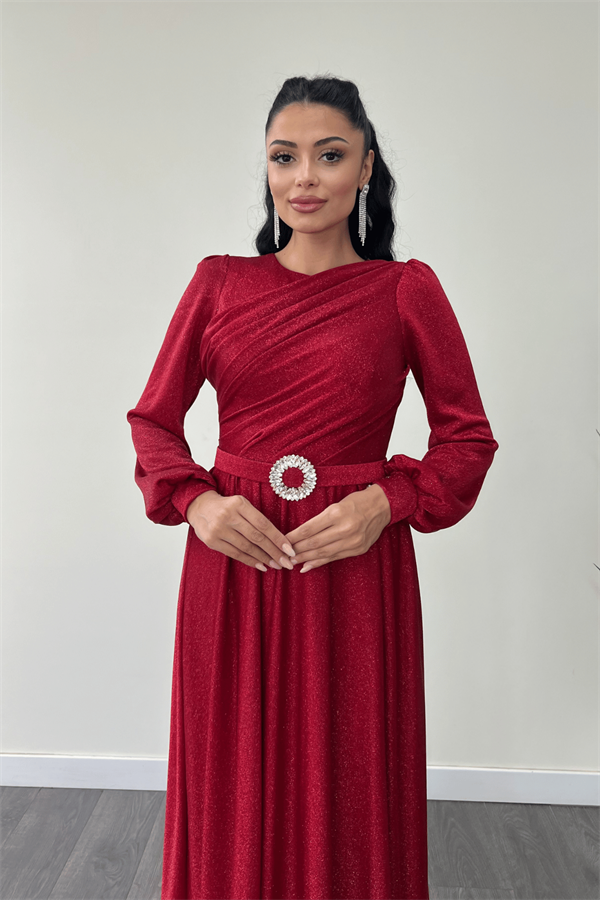 Simli Tül Kumaş Büzgü Detaylı Abiye Elbise - KIRMIZI