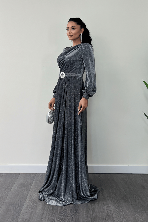 Simli Tül Kumaş Büzgü Detaylı Abiye Elbise - GÜMÜŞ