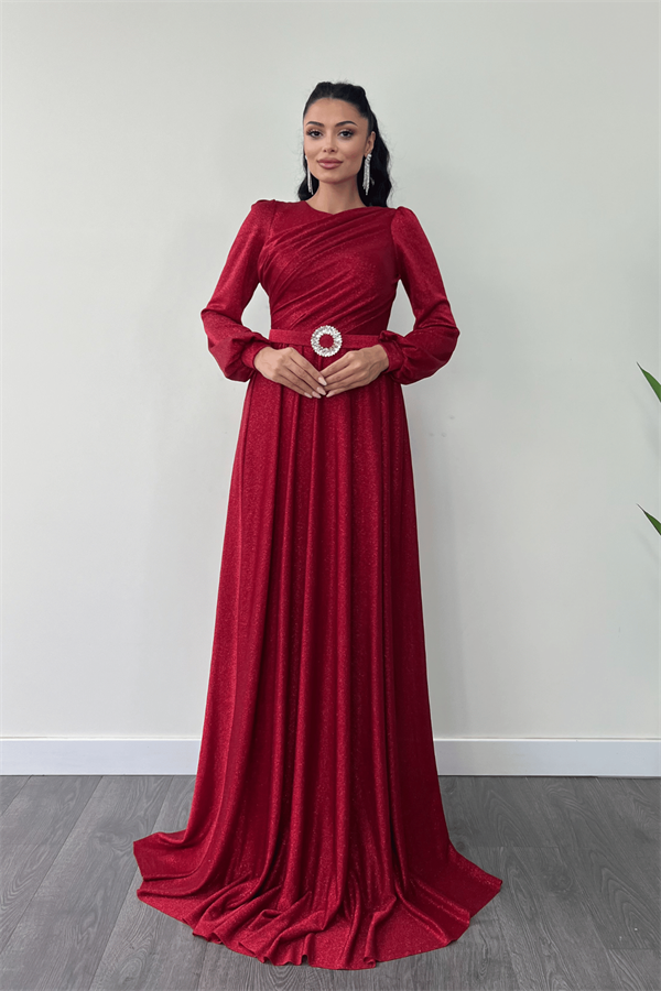 Simli Tül Kumaş Büzgü Detaylı Abiye Elbise - KIRMIZI