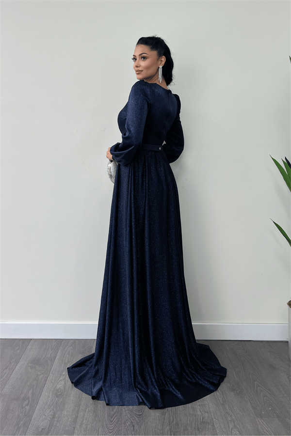 Simli Tül Kumaş Büzgü Detaylı Abiye Elbise - LACİVERT