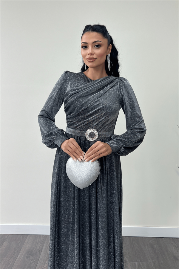 Simli Tül Kumaş Büzgü Detaylı Abiye Elbise - GÜMÜŞ