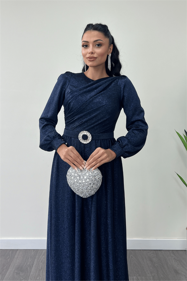 Simli Tül Kumaş Büzgü Detaylı Abiye Elbise - LACİVERT