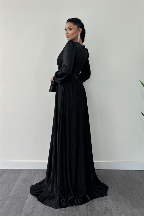 Simli Tül Kumaş Büzgü Detaylı Abiye Elbise - SİYAH